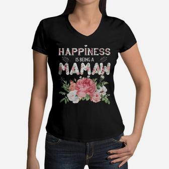 Happiness Is Being A Mamaw Vintage Floral Gift For Grandma Women V-Neck T-Shirt | Seseable UK
