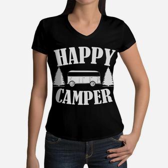 Happy Camper Summer Camping Truck Wonderful Time In The Life Women V-Neck T-Shirt - Seseable