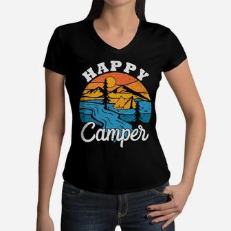 Happy Camper Sunset Camping Day I Love Camping Women V-Neck T-Shirt - Seseable