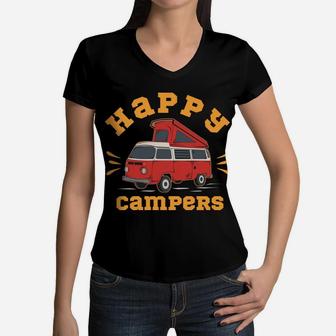 Happy Campers Red Van Camping Friend Gift Idea Women V-Neck T-Shirt - Seseable