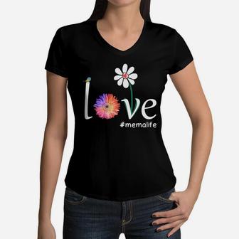 Happy Mothers Day Love Mema Life Cute Flower Gift Women V-Neck T-Shirt - Seseable