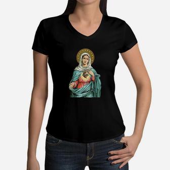 Heart Of Mary Our Blessed Mother Catholic Women V-Neck T-Shirt - Seseable