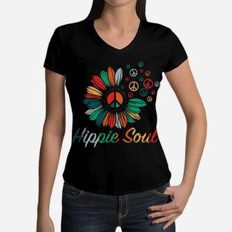 Hippie Soul Sunflower Colorful Peace Sign Hippie Gift Women V-Neck T-Shirt - Seseable