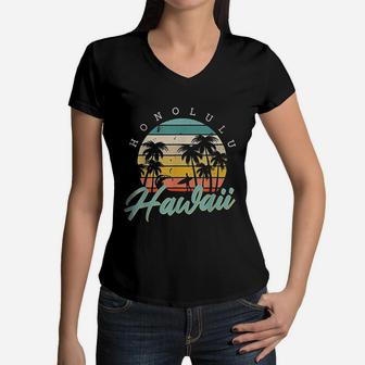 Honolulu Hawaii Aloha Hula Retro Vintage Sunset Summer Beach Women V-Neck T-Shirt - Seseable
