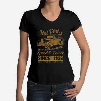 Hot Rod Vintage Old School Race Car Women V-Neck T-Shirt - Seseable