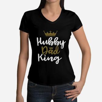 Hubby Dad King Or Wifey Mom Queen Funny Couples Cute Matching Women V-Neck T-Shirt - Seseable