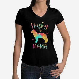 Husky Mama Colorful Siberian Husky Gifts Dog Mom Women V-Neck T-Shirt - Seseable