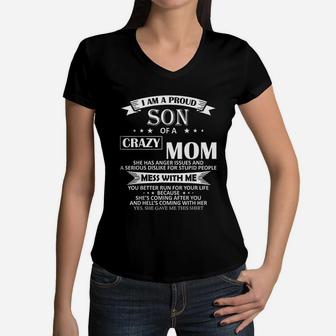 I Am A Proud Son Of Crazy Mom Women V-Neck T-Shirt - Seseable