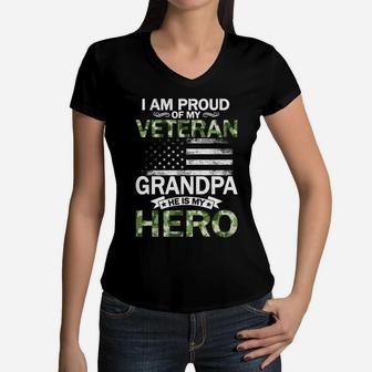 I Am Proud Of My Veteran Grandpa He Is My Hero Women V-Neck T-Shirt - Seseable