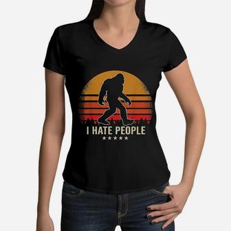 I Hate People Bigfoot Sasquatch Retro Vintage Women V-Neck T-Shirt - Seseable