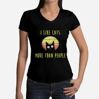 I Like Cats More Than People Cats Cat Mama Gift Women V-Neck T-Shirt - Seseable