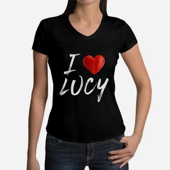 I Love Heart Lucy Family Name Women V-Neck T-Shirt - Seseable