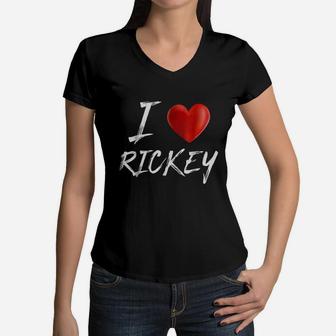 I Love Heart Rickey Family Name Women V-Neck T-Shirt - Seseable