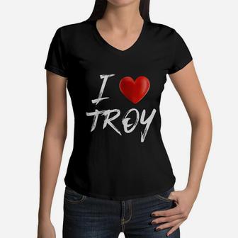 I Love Heart Troy Family Name Women V-Neck T-Shirt - Seseable
