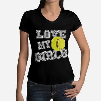 I Love My Girls Softball Mom Cute Softball Mama Women V-Neck T-Shirt - Seseable