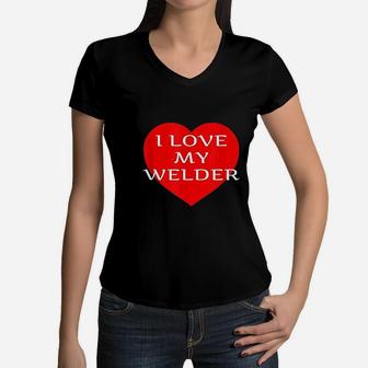 I Love My Welder Girlfriend Wife Fiancee Mom Red Heart Gift Women V-Neck T-Shirt - Seseable