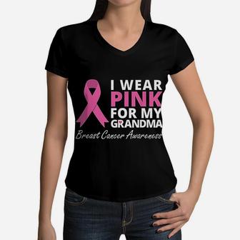 I Wear Pink For My Grandma Ribbon Family Love Women V-Neck T-Shirt - Seseable