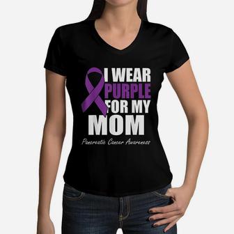 I Wear Purple For My Mom Pancreatic Women V-Neck T-Shirt - Seseable