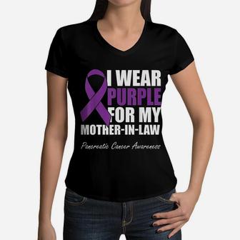 I Wear Purple For My Mother In Law Pancreatic Women V-Neck T-Shirt - Seseable