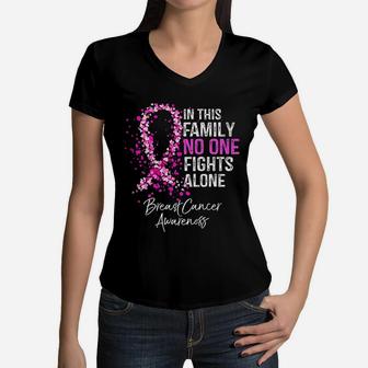 In This Family No One Fights Alone Awareness Women V-Neck T-Shirt - Seseable