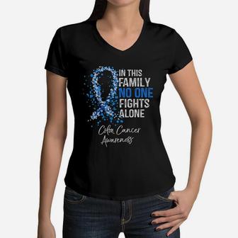 In This Family No One Fights Alone Colon Awareness Women V-Neck T-Shirt - Seseable