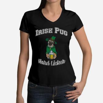 Irish Pug Drinks Hard Licker Vintage St Patricks Day Women V-Neck T-Shirt - Seseable