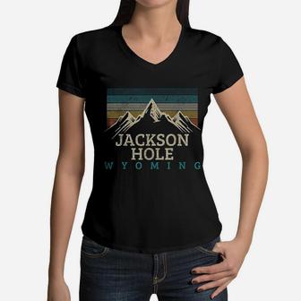 Jackson Hole Wyoming Vintage Mountains Women V-Neck T-Shirt - Seseable