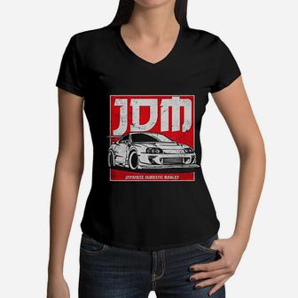 Jdm Japanese Automotive Retro Race Badge Vintage Tuning Car Women V-Neck T-Shirt - Seseable