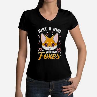 Just A Girl Who Loves Foxes Kids Girls Cute Fox Gift Mom Women V-Neck T-Shirt - Seseable