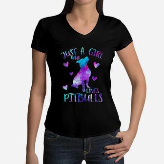 Just A Girl Who Loves Pitbulls Galaxy Space Pitbull Mom Gift Women V-Neck T-Shirt - Seseable
