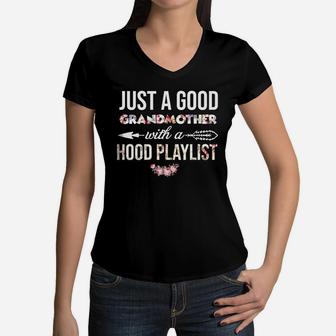 Just A Good Grandmother With A Hood Playlist Women V-Neck T-Shirt - Seseable
