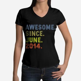 Kids Awesome Since June 2014 Vintage Birthday Gift Boys Girls Women V-Neck T-Shirt - Seseable