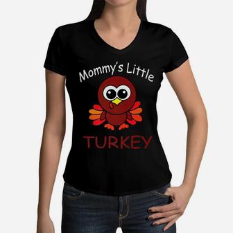 Kids Mommys Little Turkey Cute Thanksgiving Women V-Neck T-Shirt - Seseable