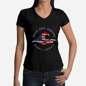 Koloa Surf Vintage Usa Flag Wave Women V-Neck T-Shirt - Seseable
