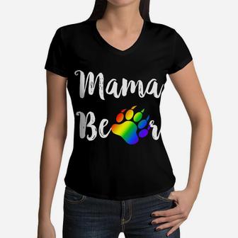 Lesbian Mama Bear Lesbian Mom Gay Pride Rainbow Paw Women V-Neck T-Shirt - Seseable