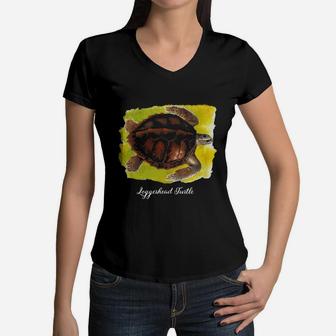 Loggerhead Turtle T-shirt Vintage Watercolor Women V-Neck T-Shirt - Seseable