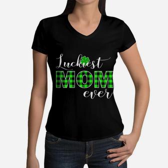 Luckiest Mommy Buffalo Plaid Shamrock Green Clover Boy Girl Women V-Neck T-Shirt - Seseable