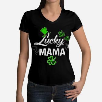 Lucky Mama Funny Shamrock Hat St Patricks Day Women V-Neck T-Shirt - Seseable