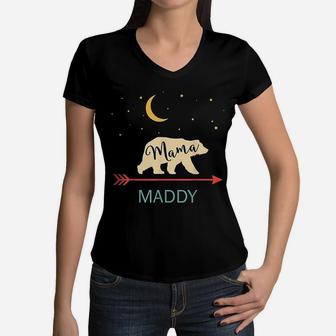 Maddy Name Gift Personalized Retro Mama Bear Women V-Neck T-Shirt - Seseable