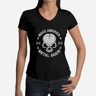 Make America Metal Again Skull Vintage Rock Women V-Neck T-Shirt - Seseable