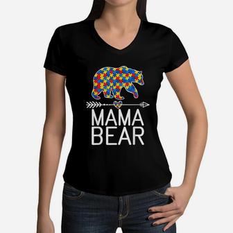 Mama Bear Awareness Puzzle Piece Support Autistic Women V-Neck T-Shirt - Seseable