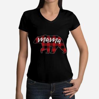 Mama Bear Buffalo Plaid Mama Bear Women V-Neck T-Shirt - Seseable