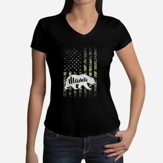 Mama Bear Camouflage Gift Usa Flag Mothers Day 2022 Mom Gift Women V-Neck T-Shirt - Seseable