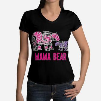 Mama Bear Floral Mama Bear Baby Bear Mandala Purple Women V-Neck T-Shirt - Seseable