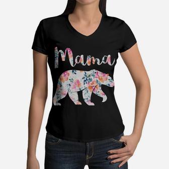 Mama Bear Floral Tee Mom Graphic Matching Family Women V-Neck T-Shirt - Seseable