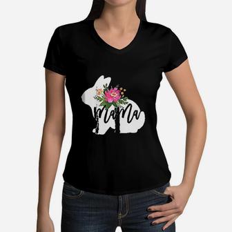 Mama Bunny Watercolor Floral Easter Gift For Mom Women V-Neck T-Shirt - Seseable