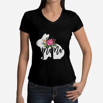 Mama Bunny Watercolor Floral Easter Gift For Mom Women V-Neck T-Shirt | Seseable UK