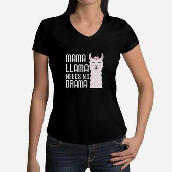 Mama Llama Needs No Drama Funny And Cute Llama Design Women V-Neck T-Shirt - Seseable