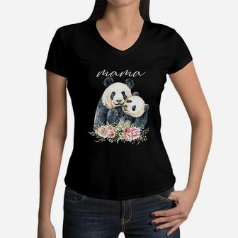 Mama Panda New Mom Panda Bear Mommy Gift For Mother Women V-Neck T-Shirt - Seseable