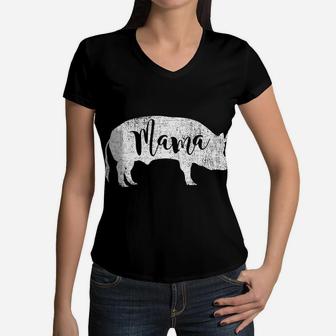 Mama Pig Piggy Distressed Cute Gift Women V-Neck T-Shirt - Seseable